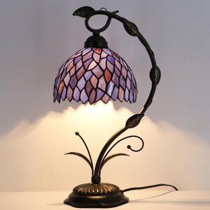 Tiffany Style Lamp Stained Glass Table Lamp Metal Leaf Base (Wisteria Style)
